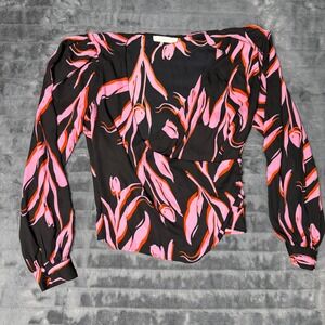 Lush Womens Long Sleeve Floral Tulip Wrap Blouse Black Pink Orange Large
